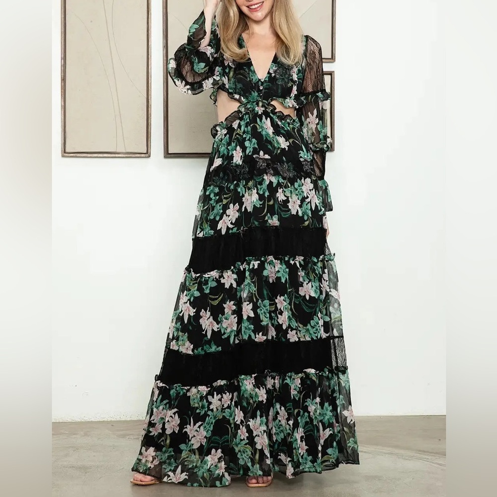 Floral Lace Panel Tiered Maxi Dress Bohemian Cutout Ruffle Sleeve multiple sizes
